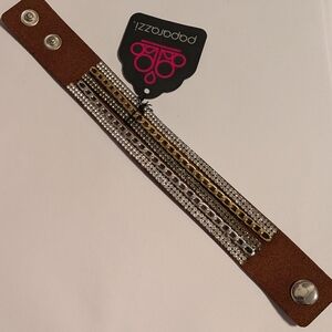 Brown Leather Multi-Row Crystal & Chain Bracelet